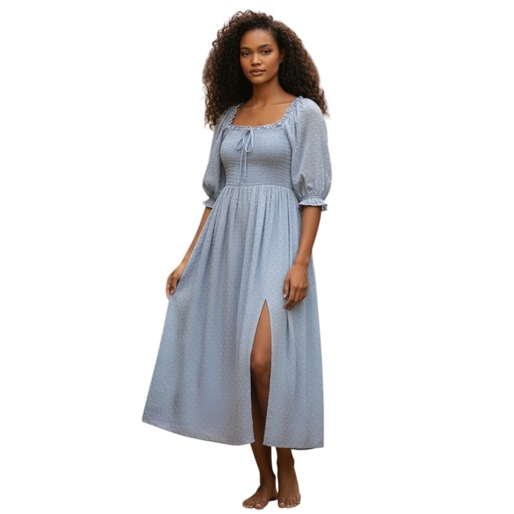 R.Vivimos Blue Swiss Dot Smocked Midi Dress Puff‎ Sleeve Cottagecore Boho Slit